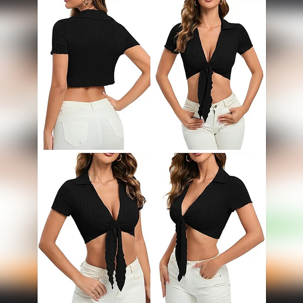 ❤️Black Collared Ribbed Crop Top☆ - Picture 2 of 3